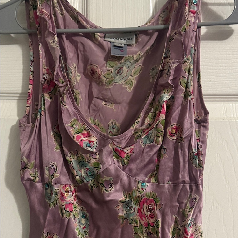 Warehouse Floral Midi Dress - Purple and Pink with sequined detail . 100% SILK